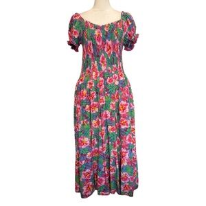 Vintage Floral Dress Size L Pink Blue Shirred Bodice Puff Sleeve Lined